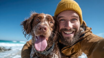 A joyful man wearing a yellow beanie poses with his dog on a sunlit beach, capturing a moment of happiness and connection between humans and their furry companions near the ocean.