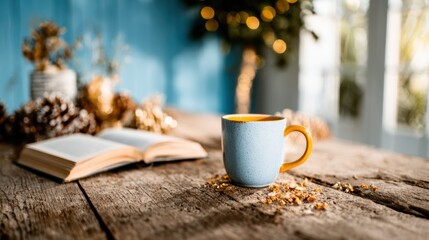 Obraz premium A cozy coffee cup rests on a textured wooden table, surrounded by nature-inspired decorations, evoking warmth and tranquility in a serene autumn ambiance.