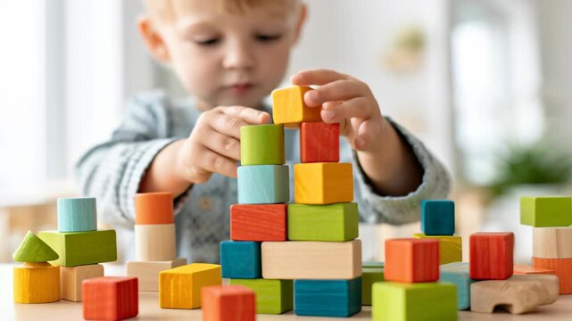 Toddler building colorful wooden block tower in playroom environment