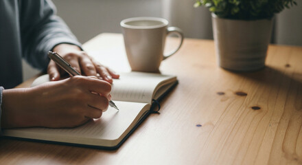 Person writing in notebook at wooden desk with coffee, calm workspace and productivity concept