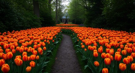 vibrant orange tulips in a garden with a pathway leading to a house