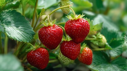Close-up of ripe strawberries on a plant, with green leaves and other developing fruit