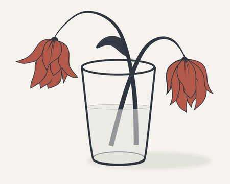 Minimalist illustration of wilted flowers in a glass. Symbol of love after celebration, quiet emotions and relationships beyond romantic perfection. Anti-glamour Valentine&rsquo;s Day illustration.