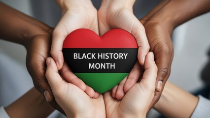 Diverse afro american hands forming heart shape holding Black History Month text emblem in pan-african colors on neutral background symbolizing unity. Diversity and heritage concept