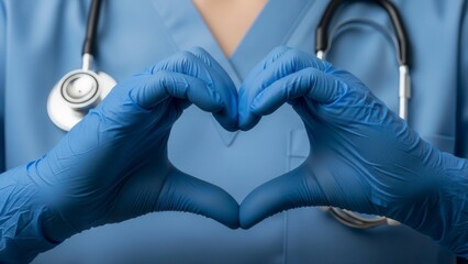 Hands in blue medical gloves forming heart shape on nurse uniform with stethoscope, close-up studio shot. Concept of healthcare compassion and patient care