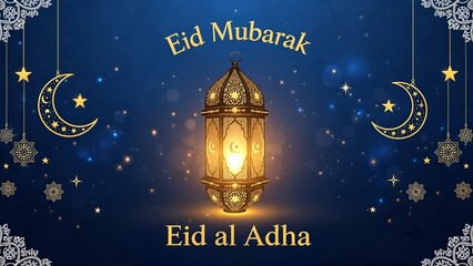 Eid al Adha Greeting with Lantern and Crescent.