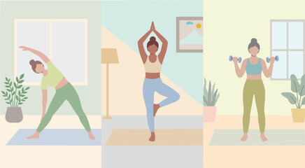 Fototapeta premium home workout, wellness illustration, yoga and fitness, fitness routine, healthy lifestyle, workout illustration, yoga practice, fitness motivation