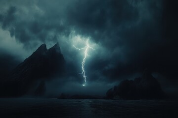 Dramatic lightning strikes over rugged cliffs during a stormy night