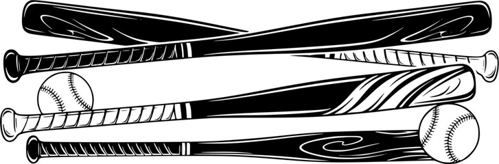 Baseball bats illustration in black and white on a clean white background
