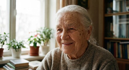 Happy old woman face portrait at home nursing home concept