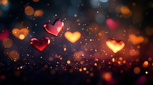 A romantic background with red and orange hearts and bokeh lights for Valentine's Day or love-themed designs - Powered by Adobe