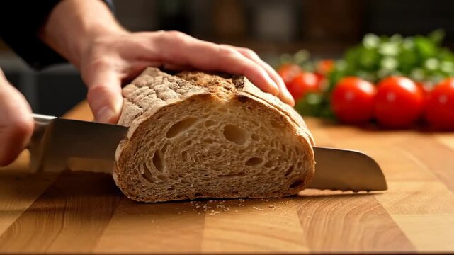Hand Slicing Brown Bread on Wooden Kitchen Counter with Fresh Tomatoes