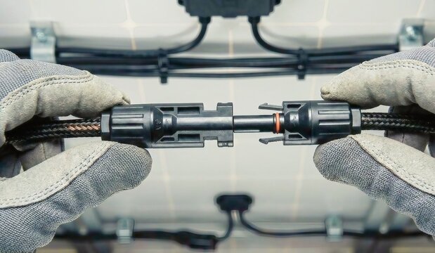 Skilled technician connecting solar power cables for efficient renewable energy system