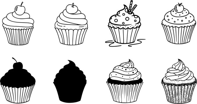 Black and white cupcake icons in various artistic styles
