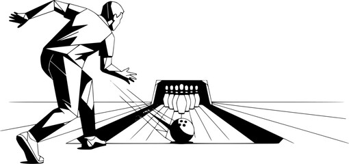 Fototapeta premium Geometric illustration of a bowler throwing a bowling ball towards pins 