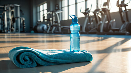 Blaue Plastikwasserflasche auf einem blauen Handtuch vor unscharfem Hintergrund eines Fitnessstudios
