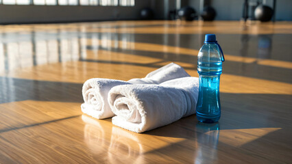 Blaue Wasserflasche und zusammengerollte wei&szlig;e Handt&uuml;cher auf einem hellen Holzboden im Fitnessstudio