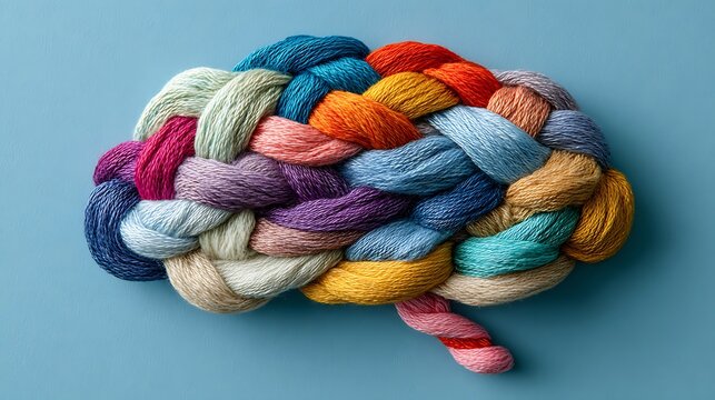 Braided colorful yarn art piece shaped like a human brain on a vibrant, light blue surface
