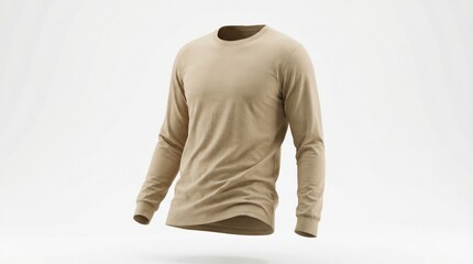 Blank Beige Long Sleeve Shirt Mockup Floating Isolated on White Background