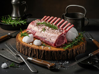 Raw rack of lamb with rosemary and spices on rustic wooden board