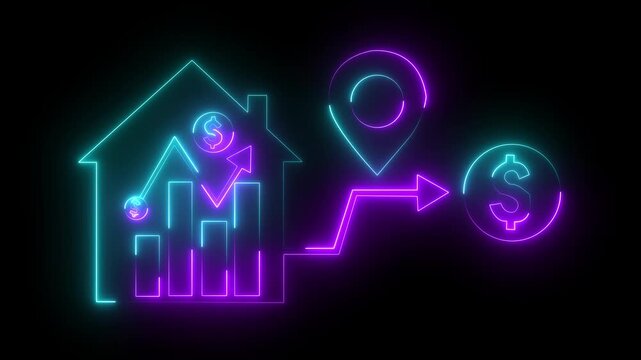 Glowing neon Home location with dollar sign and business graph icon .glowing neon cyan and purple color house map address road tracking direction finance profit banking currency bar chart 