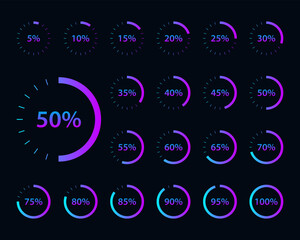 Circular percentage progress indicators vector set with glowing gradient rings from 5 to 100 percent, modern UI loading charts for dashboard, analytics, download upload interface