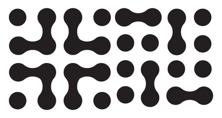 Metaball geometric pattern set of abstract rounded shapes - black minimalist squares with flowing organic connections and circular elements. Modern design compositions for digital backgrounds.
