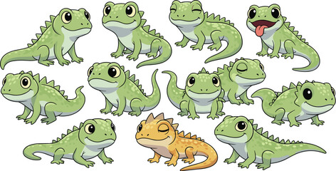 Naklejka premium A group of cute green cartoon lizards with one orange lizard isolated on white background, showcasing a variety of expressions and poses
