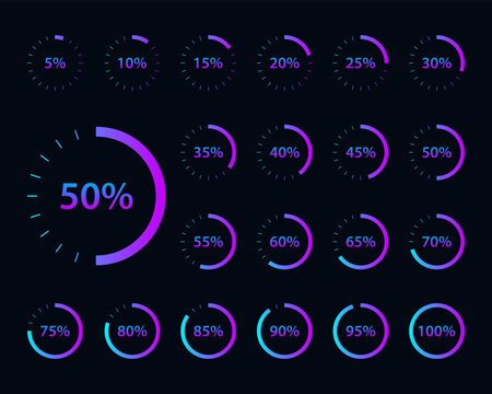 Circular percentage progress indicators vector set with glowing gradient rings from 5 to 100 percent, modern UI loading charts for dashboard, analytics, download upload interface