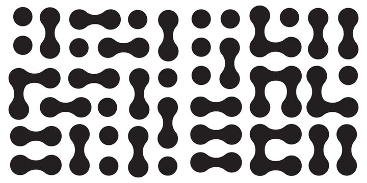 Metaball geometric pattern set of abstract rounded shapes - black minimalist squares with flowing organic connections and circular elements. Modern design compositions for digital backgrounds.