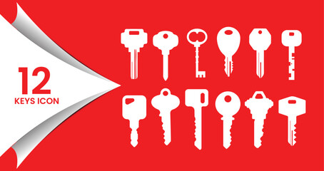 Collection of 12 Flat White Key Icons on Red Background