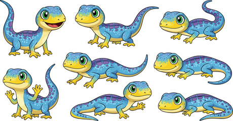 Obraz premium Collection of adorable blue lizard cartoon characters isolated on white background, showcasing their playful poses and charming expressions