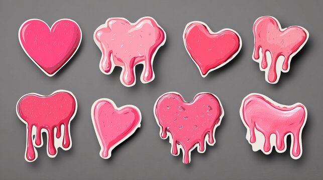 A collection of pink heart shaped objects with melted and dripping effects on a gray background