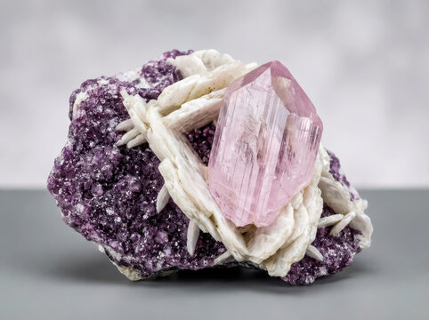 Pink kunzite crystal sits on a matrix of purple lepidolite and white cleavelandite blades.