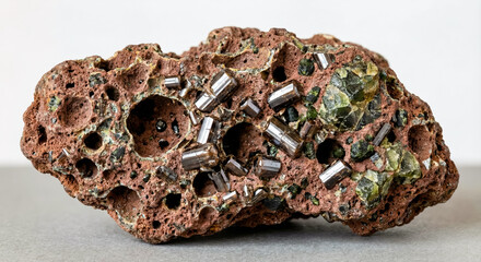 Dark prismatic hornblende crystals embedded in a highly vesicular reddish volcanic scoria matrix.