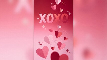 Pink xoxo typography love heart paper cut background, romantic valentine day greeting card, red gradient celebration wallpaper, 3d craft style, for social media story, wedding, anniversary, dating.