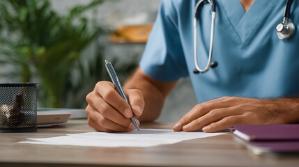 Medical professional in scrubs with stethoscope reviews paperwork and signs document. Doctor assists patient with insurance forms at clinic desk. Healthcare administrative task