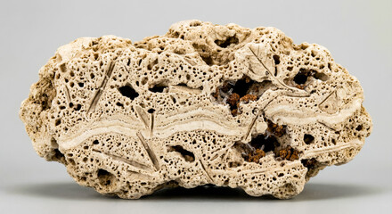 Fototapeta premium A collectible geological specimen of porous light beige travertine tuff with a layered structure formed by the precipitation of carbonate minerals near hot springs.