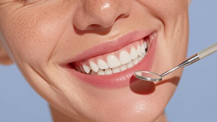 Bright smiling woman with dental mirror examining teeth close-up on blue background