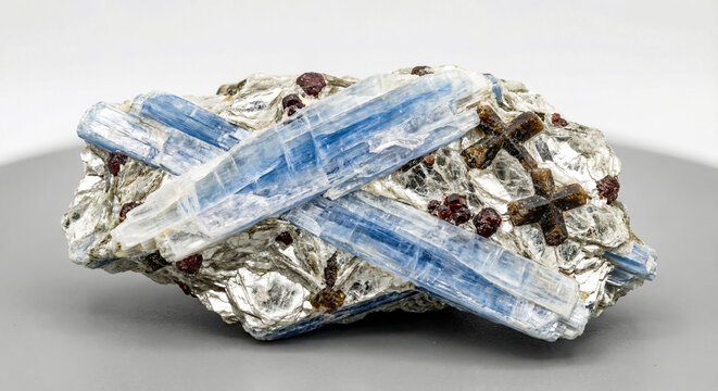 Metamorphic rock specimen containing elongated blue kyanite crystals within a shimmering micaceous schist groundmass.