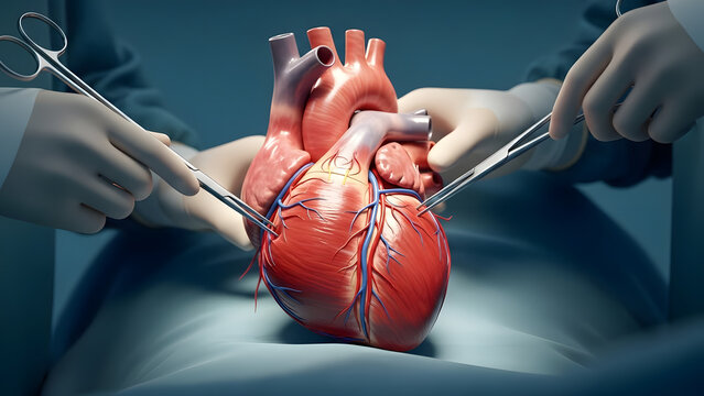 An extreme macro shot of a beating heart during CABG surgery. A surgeon's hands suture a bypass graft onto a coronary artery. Photorealistic, ultra-sharp focus for medical education.