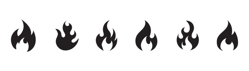 Set of black fire flame vector icons. Simple flat burning fire silhouette collection. Hot energy symbol for graphic design. Blaze pictogram illustration isolated.  © studio's line