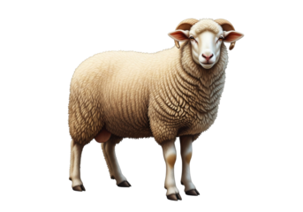 woolly ram standing on white background domestic sheep portrait