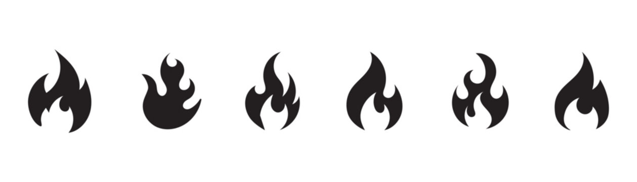 Set of black fire flame vector icons. Simple flat burning fire silhouette collection. Hot energy symbol for graphic design. Blaze pictogram illustration isolated. 