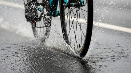 Dynamic bicycle wheel motion through wet urban street creating refreshing water splash during a