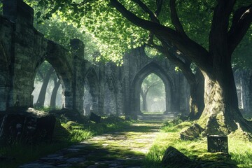 Fototapeta premium Explore the enchanting ruins surrounded by lush greenery and ancient trees