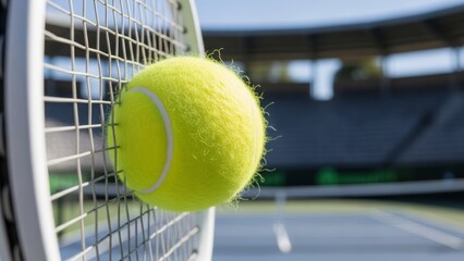 Vibrant yellow tennis ball perfectly nestled within racket strings on a sunlit professional court