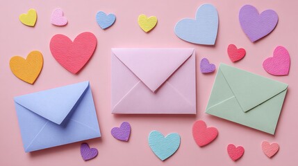 A collection of colorful hearts and envelopes on a pink background for Valentine's Day or love themed concepts