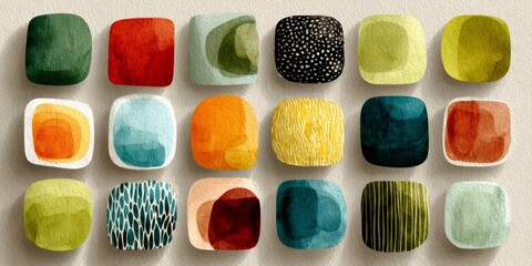 Abstract watercolor grid pattern with colorful square tiles