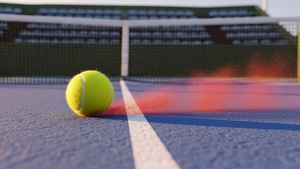 Dynamic tennis court action with a vibrant yellow ball and a burst of red powder near the net line